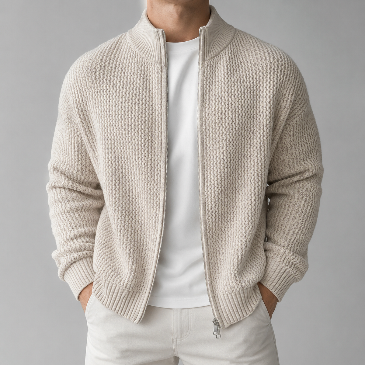Marlow | Moss-Texture Zip Cardigan