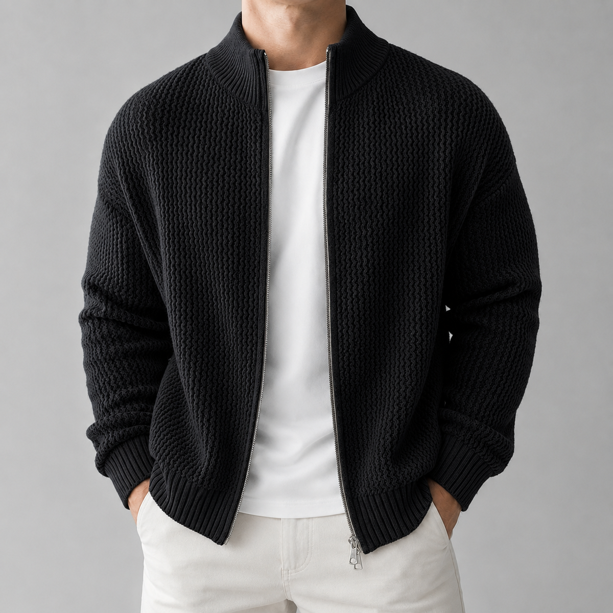 Marlow | Moss-Texture Zip Cardigan