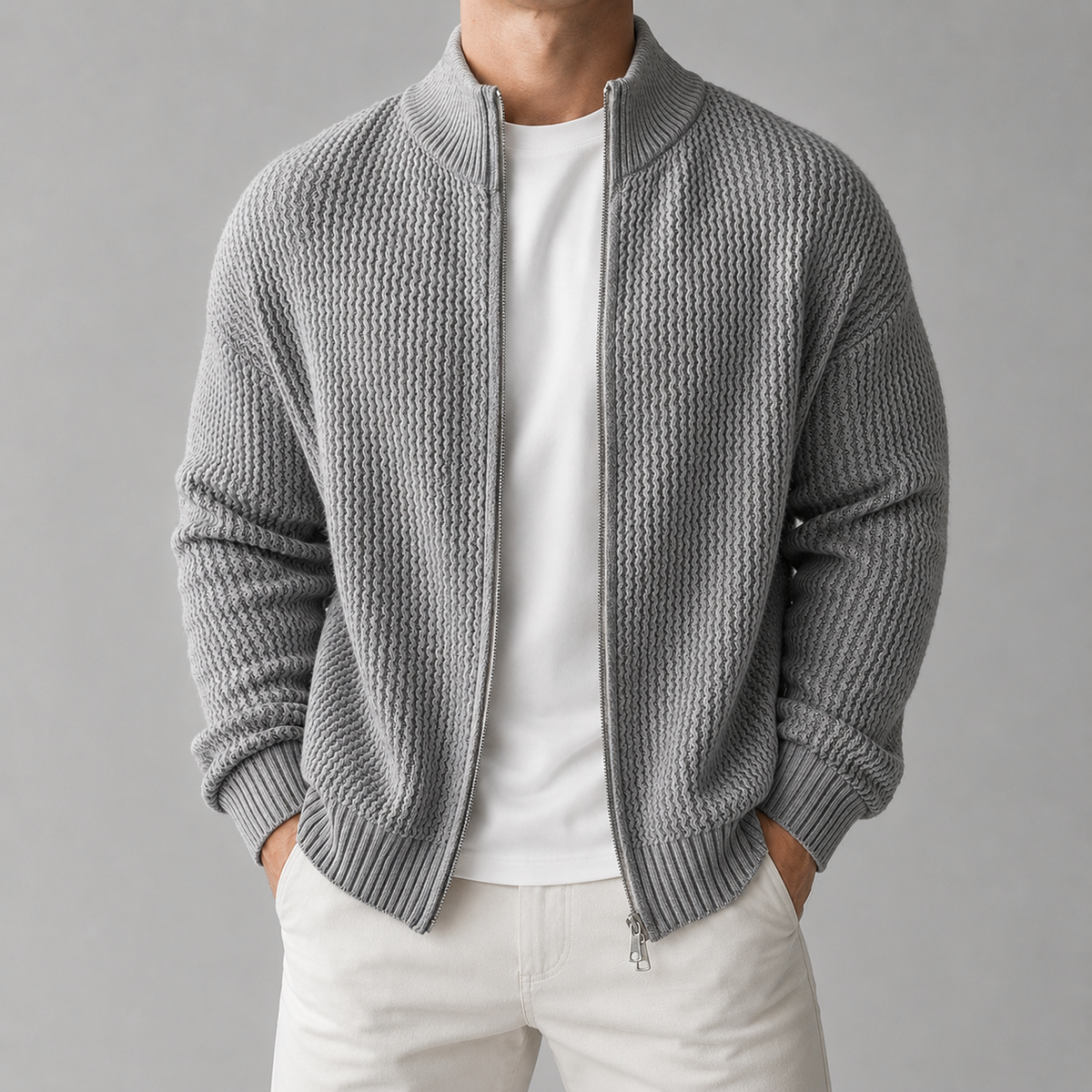 Marlow | Moss-Texture Zip Cardigan